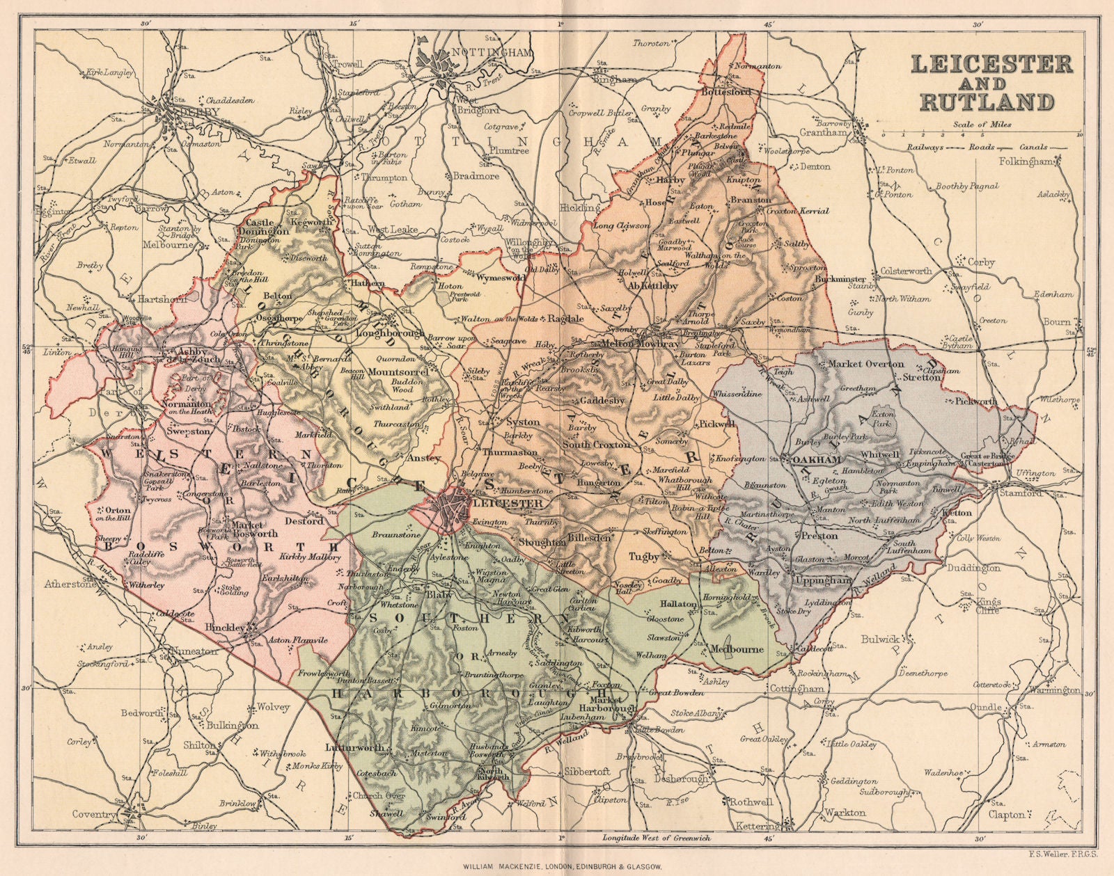 LEICESTERSHIRE AND RUTLAND. Antique county map 1893 old plan chart
